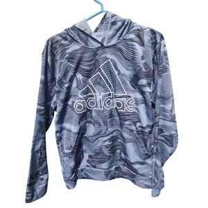 Adidas Mens Blue Grey Wave Camo Hoodie Fleece Pullover Athletic Sweatshirt L